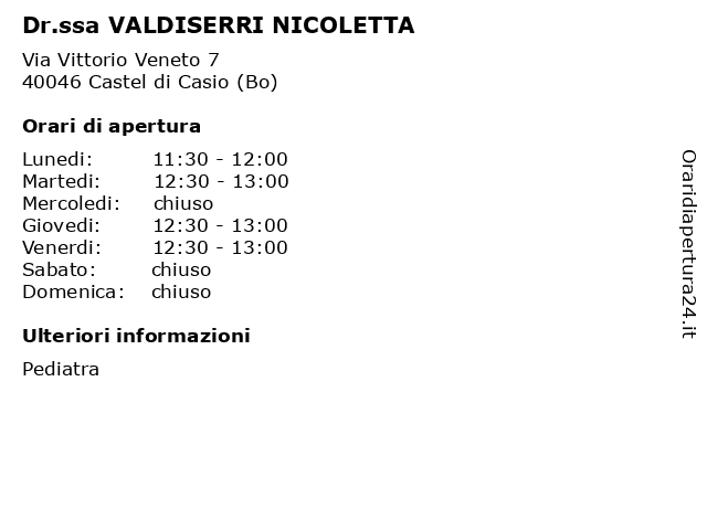 Dr.ssa VALDISERRI NICOLETTA a Castel di Casio (Bo): indirizzo e orari di apertura