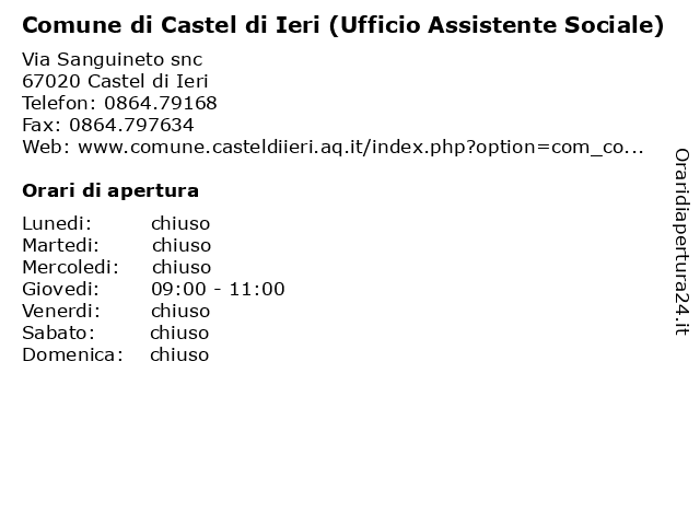 Comune di Castel di Ieri (Ufficio Assistente Sociale) a Castel di Ieri: indirizzo e orari di apertura