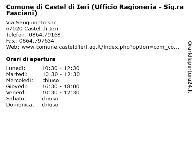 Comune di Castel di Ieri (Ufficio Ragioneria - Sig.ra Fasciani) a Castel di Ieri: indirizzo e orari di apertura
