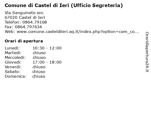 Comune di Castel di Ieri (Ufficio Segreteria) a Castel di Ieri: indirizzo e orari di apertura