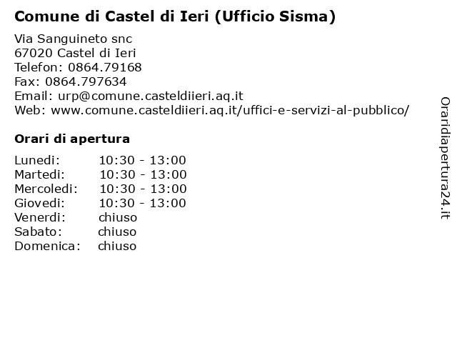 Comune di Castel di Ieri (Ufficio Sisma) a Castel di Ieri: indirizzo e orari di apertura