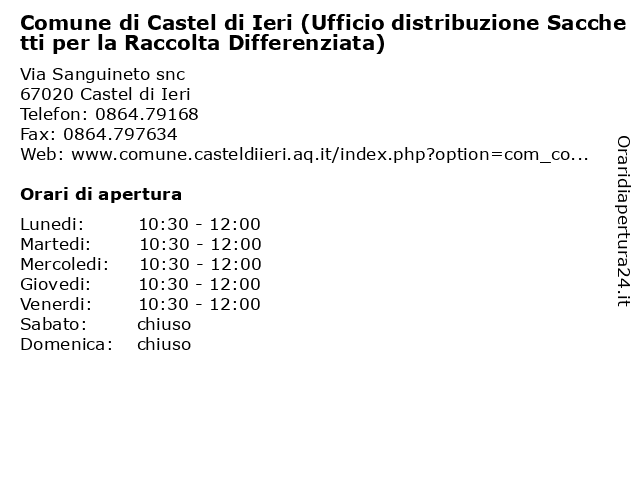 Comune di Castel di Ieri (Ufficio distribuzione Sacchetti per la Raccolta Differenziata) a Castel di Ieri: indirizzo e orari di apertura