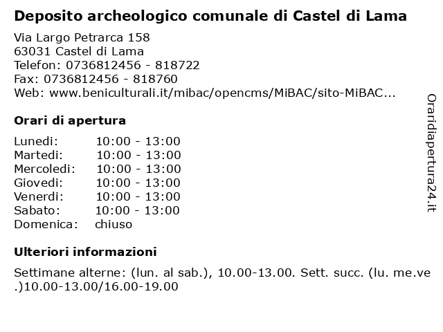 Deposito archeologico comunale di Castel di Lama a Castel di Lama: indirizzo e orari di apertura