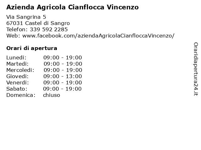 Azienda Agricola Cianflocca Vincenzo a Castel di Sangro: indirizzo e orari di apertura