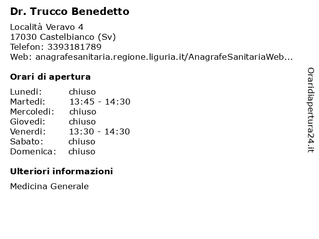 Dr. Trucco Benedetto a Castelbianco (Sv): indirizzo e orari di apertura