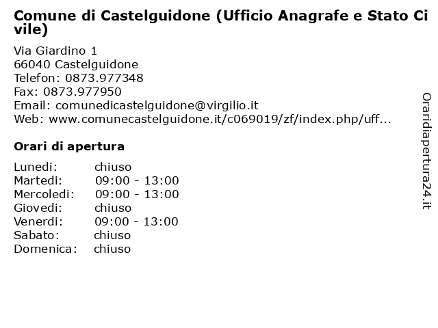 Comune di Castelguidone (Ufficio Anagrafe e Stato Civile) a Castelguidone: indirizzo e orari di apertura