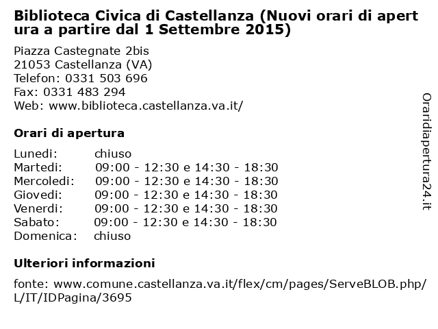 ᐅ Orari Biblioteca Civica Di Castellanza Nuovi Orari Di Apertura A Partire Dal 1 Settembre 15 Piazza Castegnate 2bis Castellanza Va