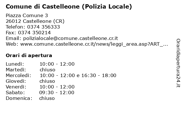 Comune di Castelleone (Polizia Locale) a Castelleone (CR): indirizzo e orari di apertura