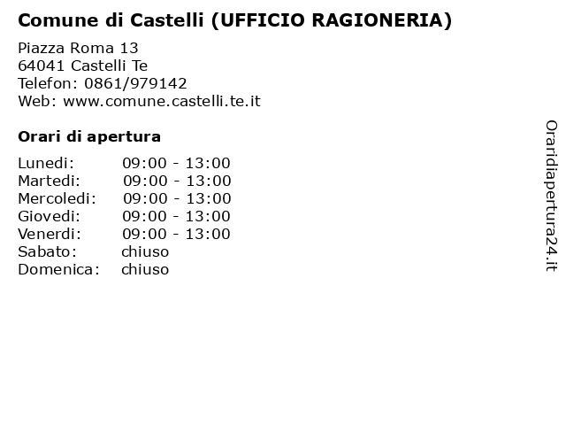 Comune di Castelli (UFFICIO RAGIONERIA) a Castelli Te: indirizzo e orari di apertura