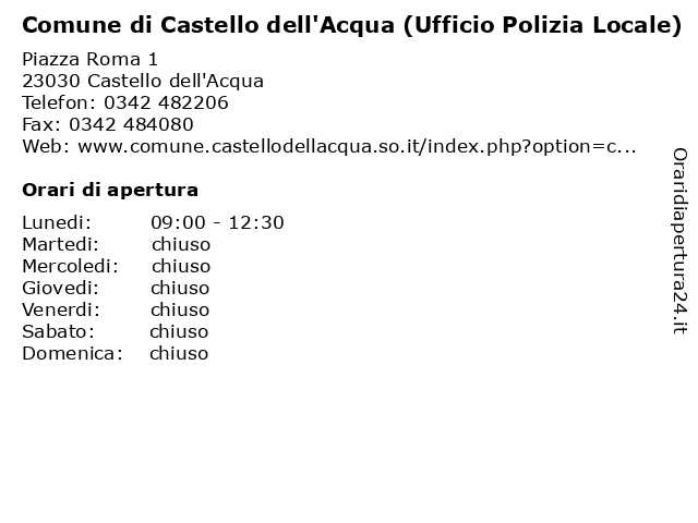 Comune di Castello dell'Acqua (Ufficio Polizia Locale) a Castello dell'Acqua: indirizzo e orari di apertura
