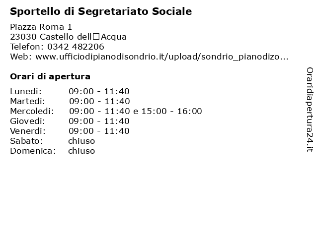 Sportello di Segretariato Sociale a Castello dell’Acqua: indirizzo e orari di apertura