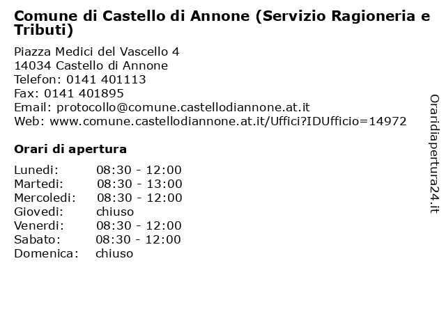 Comune di Castello di Annone (Servizio Ragioneria e Tributi) a Castello di Annone: indirizzo e orari di apertura