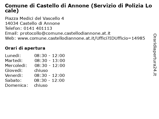 Comune di Castello di Annone (Servizio di Polizia Locale) a Castello di Annone: indirizzo e orari di apertura
