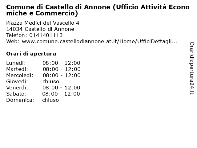 Comune di Castello di Annone (Ufficio Attività Economiche e Commercio) a Castello di Annone: indirizzo e orari di apertura