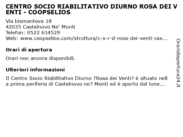 CENTRO SOCIO RIABILITATIVO DIURNO ROSA DEI VENTI - COOPSELIOS a Castelnovo Ne' Monti: indirizzo e orari di apertura