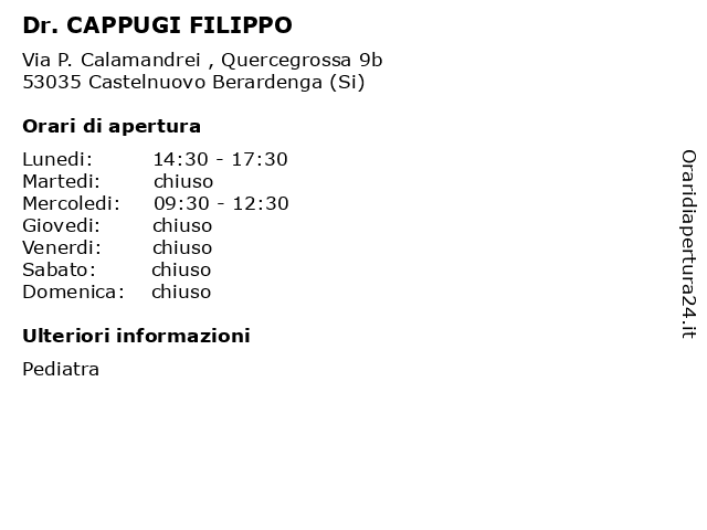 Dr. CAPPUGI FILIPPO a Castelnuovo Berardenga (Si): indirizzo e orari di apertura
