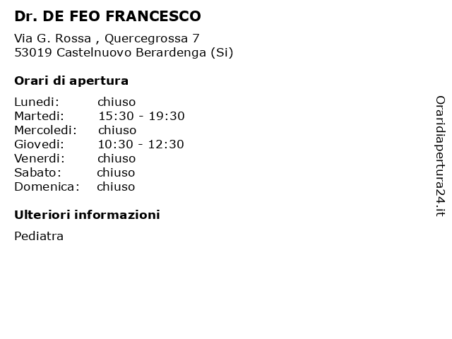 Dr. DE FEO FRANCESCO a Castelnuovo Berardenga (Si): indirizzo e orari di apertura