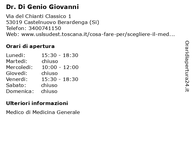 Dr. Di Genio Giovanni a Castelnuovo Berardenga (Si): indirizzo e orari di apertura