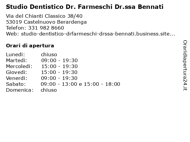 Studio Dentistico Dr. Farmeschi Dr.ssa Bennati a Castelnuovo Berardenga: indirizzo e orari di apertura