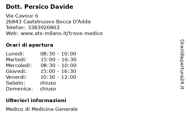 Dott. Persico Davide a Castelnuovo Bocca D'Adda: indirizzo e orari di apertura
