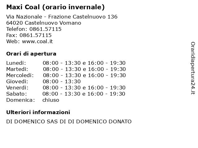 Maxi Coal (orario invernale) a Castelnuovo Vomano: indirizzo e orari di apertura