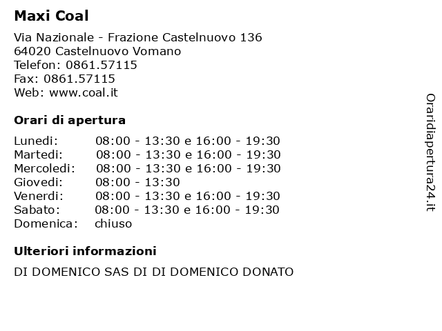Maxi Coal a Castelnuovo Vomano: indirizzo e orari di apertura