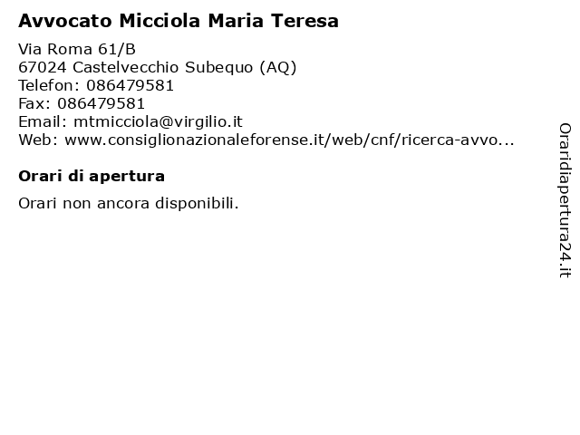Avvocato Micciola Maria Teresa a Castelvecchio Subequo (AQ): indirizzo e orari di apertura