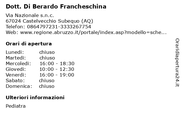 Dott. Di Berardo Francheschina a Castelvecchio Subequo (AQ): indirizzo e orari di apertura