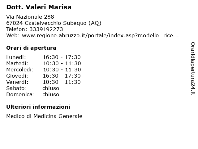 Dott. Valeri Marisa a Castelvecchio Subequo (AQ): indirizzo e orari di apertura