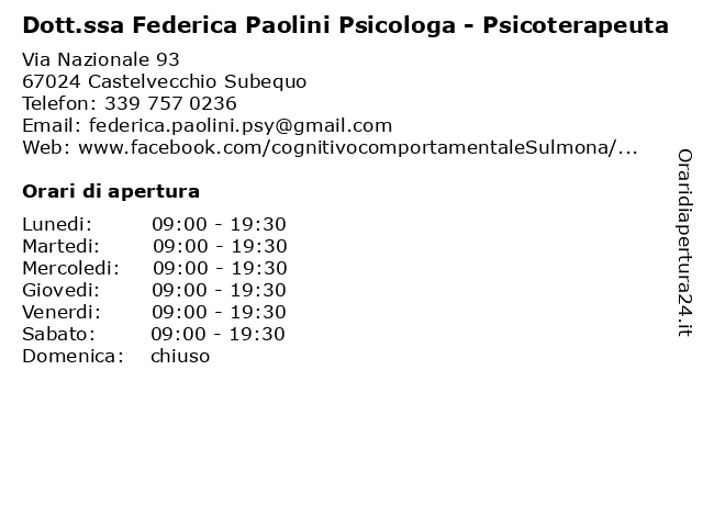 Dott.ssa Federica Paolini Psicologa - Psicoterapeuta a Castelvecchio Subequo: indirizzo e orari di apertura