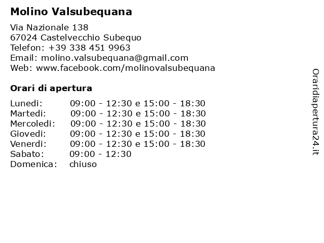 Molino Valsubequana a Castelvecchio Subequo: indirizzo e orari di apertura