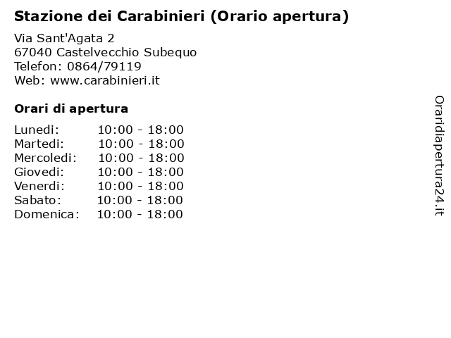 Stazione dei Carabinieri (Orario apertura) a Castelvecchio Subequo: indirizzo e orari di apertura