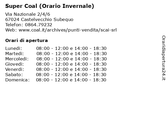 Super Coal (Orario invernale) a Castelvecchio Subequo: indirizzo e orari di apertura
