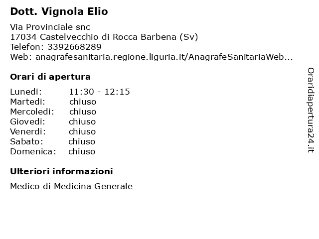 Dott. Vignola Elio a Castelvecchio di Rocca Barbena (Sv): indirizzo e orari di apertura