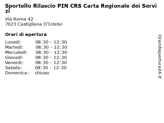 Sportello Rilascio PIN CRS Carta Regionale dei Servizi a Castiglione D'Intelvi: indirizzo e orari di apertura