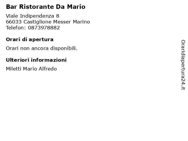 Bar Ristorante Da Mario a Castiglione Messer Marino: indirizzo e orari di apertura