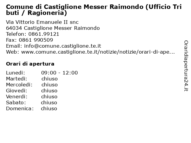 Comune di Castiglione Messer Raimondo (Ufficio Tributi / Ragioneria) a Castiglione Messer Raimondo: indirizzo e orari di apertura