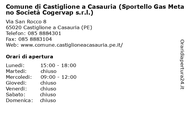 Comune di Castiglione a Casauria (Sportello Gas Metano Società Cogervap s.r.l.) a Castiglione a Casauria (PE): indirizzo e orari di apertura