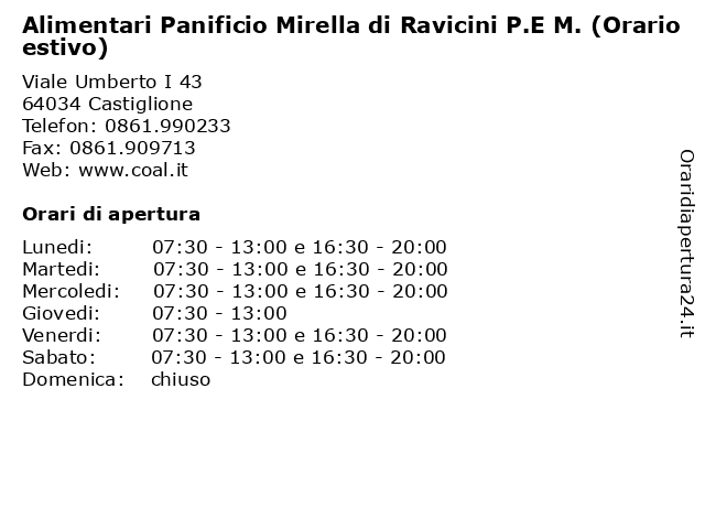 Alimentari Panificio Mirella di Ravicini P.E M. (Orario estivo) a Castiglione: indirizzo e orari di apertura