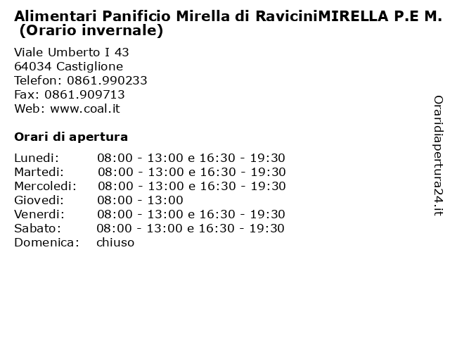 Alimentari Panificio Mirella di RaviciniMIRELLA P.E M. (Orario invernale) a Castiglione: indirizzo e orari di apertura
