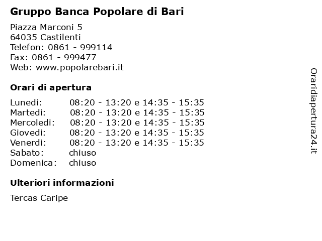 Gruppo Banca Popolare di Bari a Castilenti: indirizzo e orari di apertura
