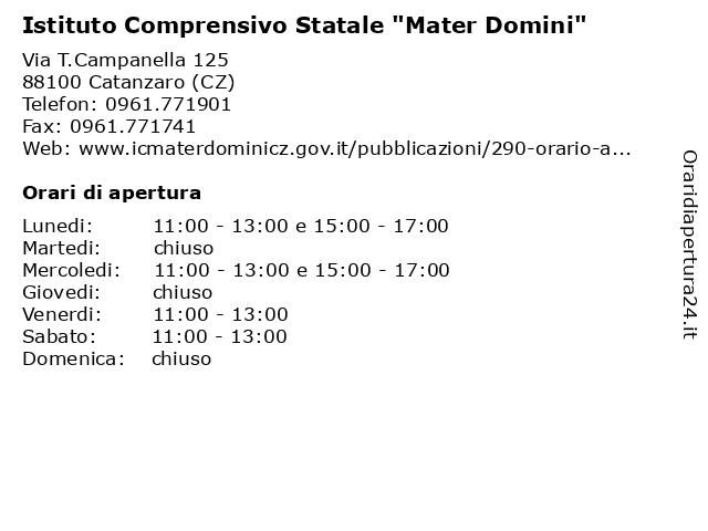 Istituto Comprensivo Statale "Mater Domini" a Catanzaro (CZ): indirizzo e orari di apertura