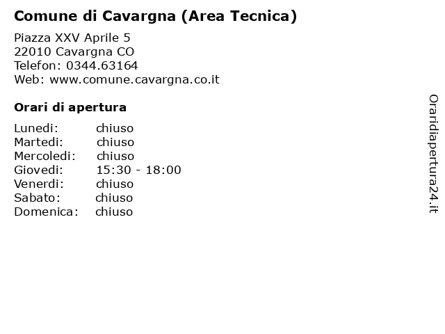 Comune di Cavargna (Area Tecnica) a Cavargna CO: indirizzo e orari di apertura