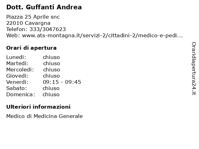Dott. Guffanti Andrea a Cavargna: indirizzo e orari di apertura