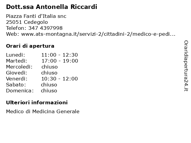 Ambulatorio Comunale - Dott.ssa Antonella Riccardi a Cedegolo: indirizzo e orari di apertura