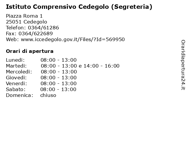 Istituto Comprensivo Cedegolo (Segreteria) a Cedegolo: indirizzo e orari di apertura