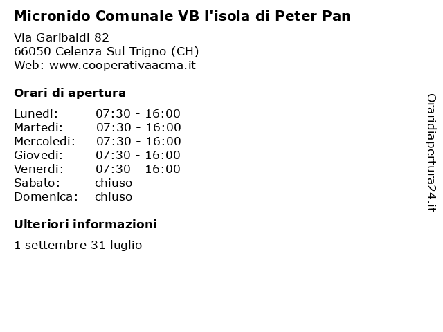 Micronido Comunale VB l'isola di Peter Pan a Celenza Sul Trigno (CH): indirizzo e orari di apertura