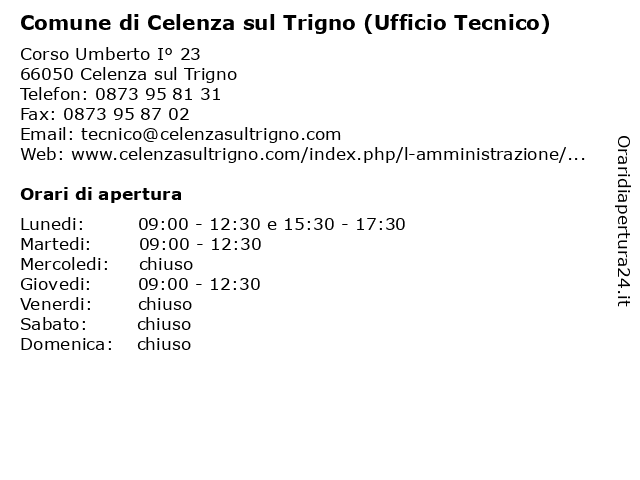 Comune di Celenza sul Trigno (Ufficio Tecnico) a Celenza sul Trigno: indirizzo e orari di apertura