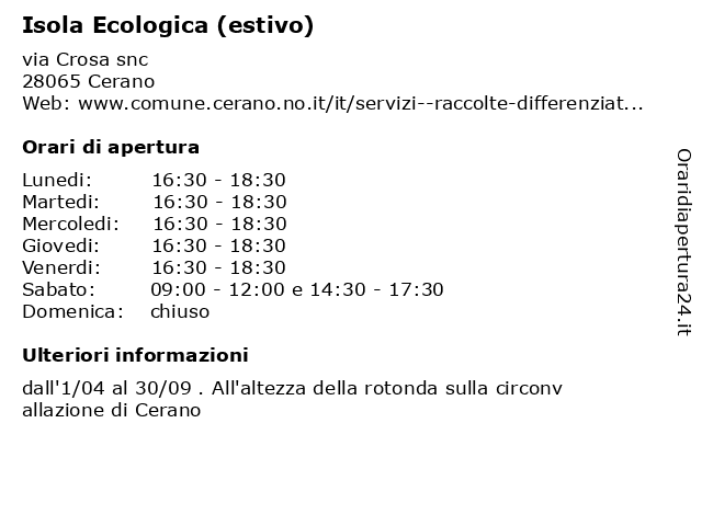 Isola Ecologica (estivo) a Cerano: indirizzo e orari di apertura