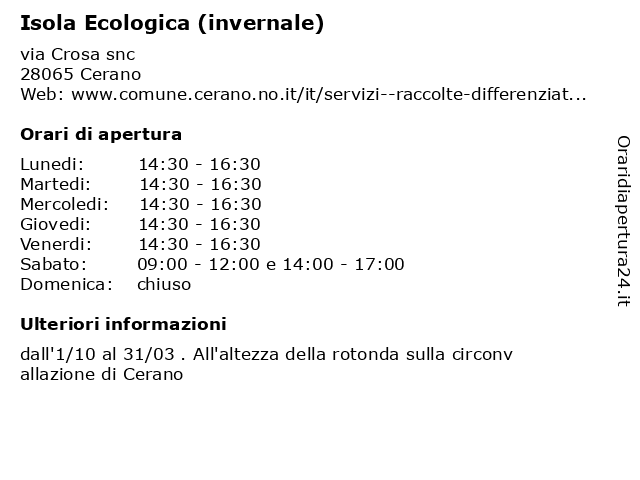 Isola Ecologica (invernale) a Cerano: indirizzo e orari di apertura
